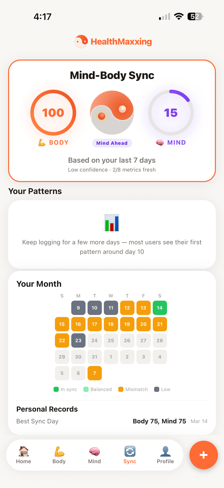 Mind-Body Sync dashboard with Body and Mind score rings