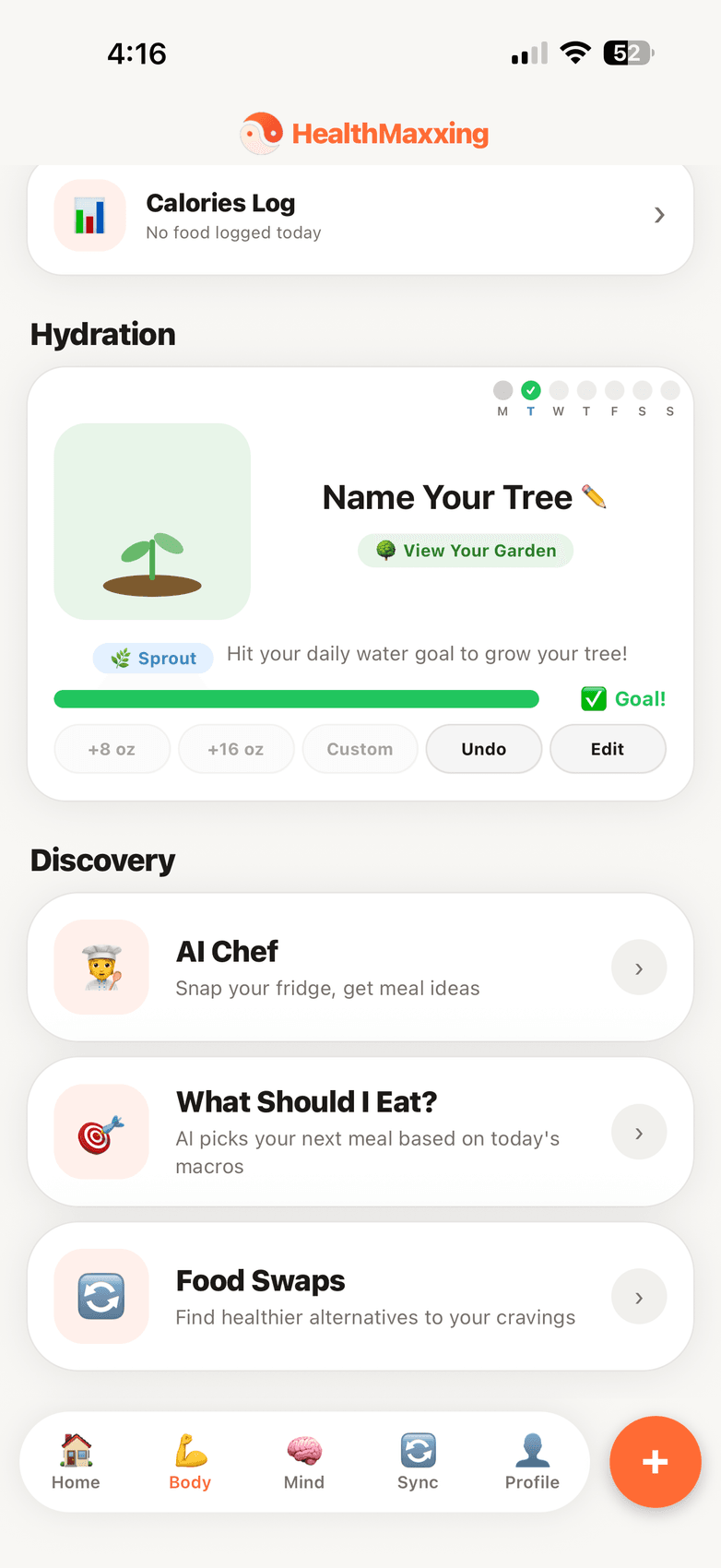 Body tab with hydration tree and AI Chef