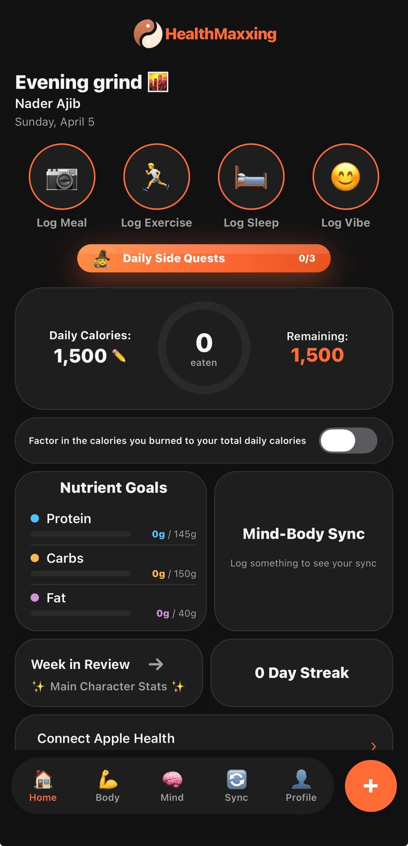 HealthMaxxing dark mode home dashboard with Connect Apple Health