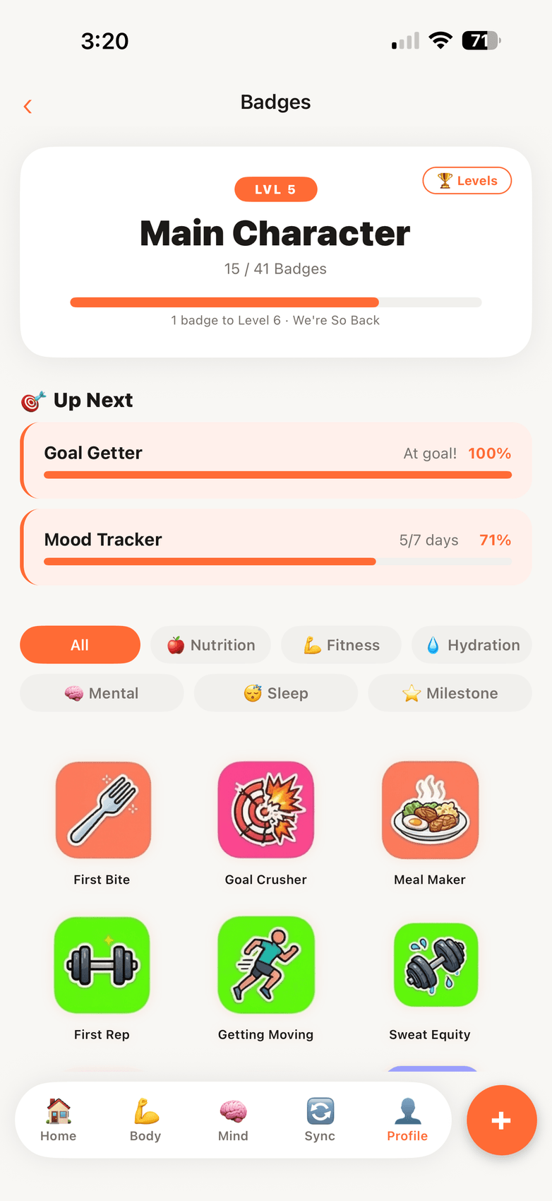 Badges and levels screen