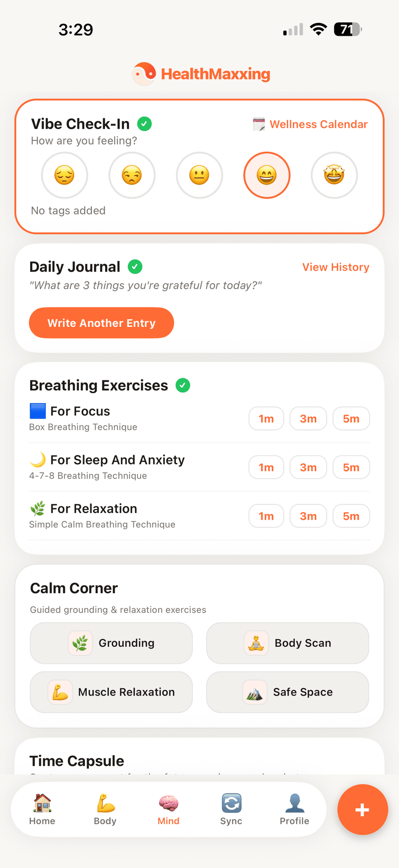 Mind tab with vibe check-in, journal and breathing exercises