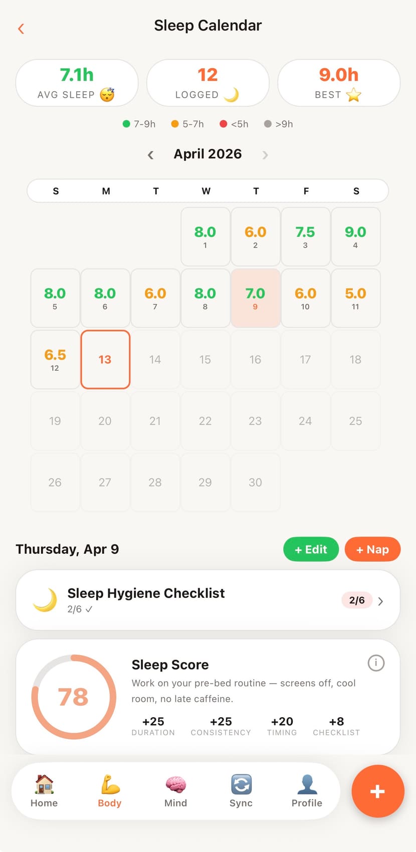 Sleep calendar heatmap with sleep score