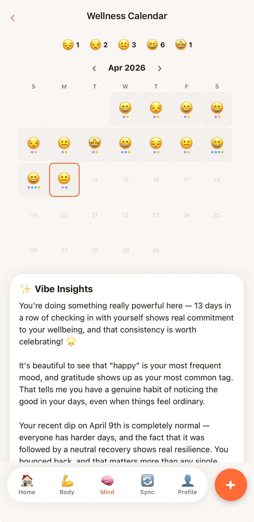 Wellness calendar mood heatmap with AI vibe insights