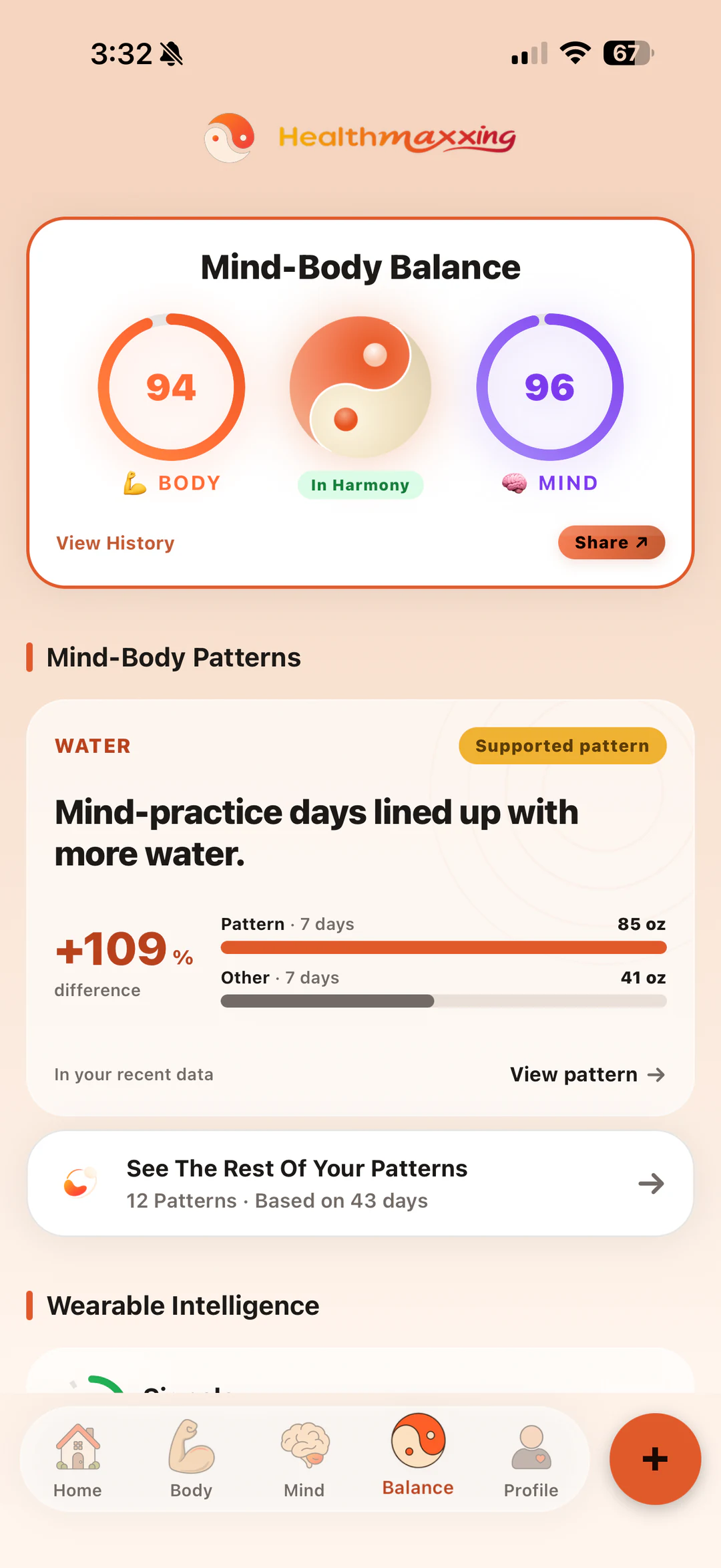 برگه HealthMaxxing Balance که نمرات ذهن و بدن و الگوی سلامت شخصی را نشان می دهد